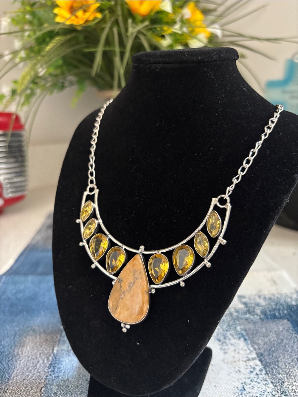Sterling Silver Dendrite Opal Citrine Gemstone Necklace. - Picture 3 of 8